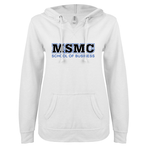  ENZA Womens White V Notch Raw Edge Fleece Hoodie - MSMC School of Business