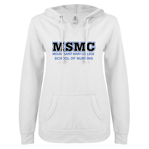  ENZA Womens White V Notch Raw Edge Fleece Hoodie - MSMC Stacked School of Nursing