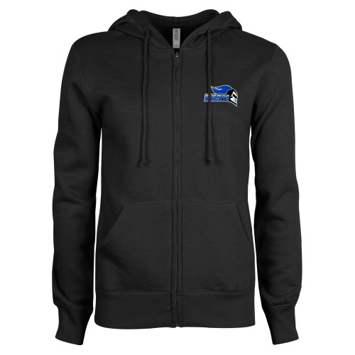  ENZA Womens Black Fleece Full Zip Hoodie - Knight Head Logo with Type