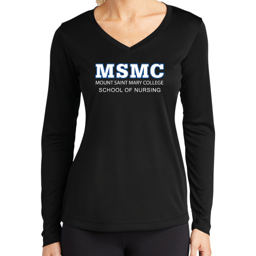  Womens Black Performance Long Sleeve V Neck Shirt - MSMC Stacked School of Nursing