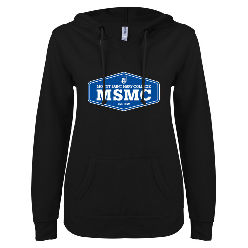  ENZA Womens Black V Notch Raw Edge Fleece Hoodie - MSMC Blue