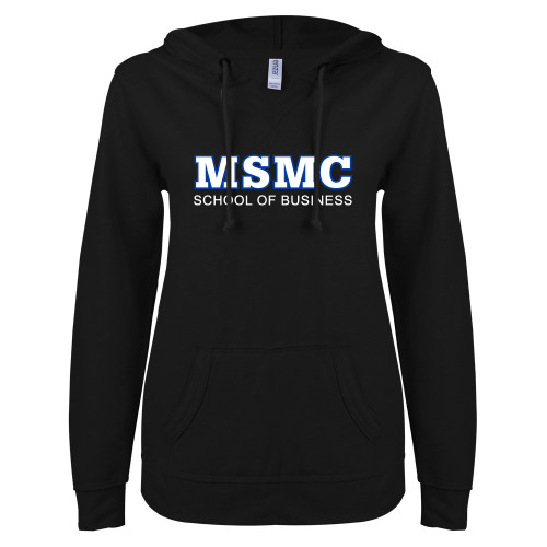  ENZA Womens Black V Notch Raw Edge Fleece Hoodie - MSMC School of Business