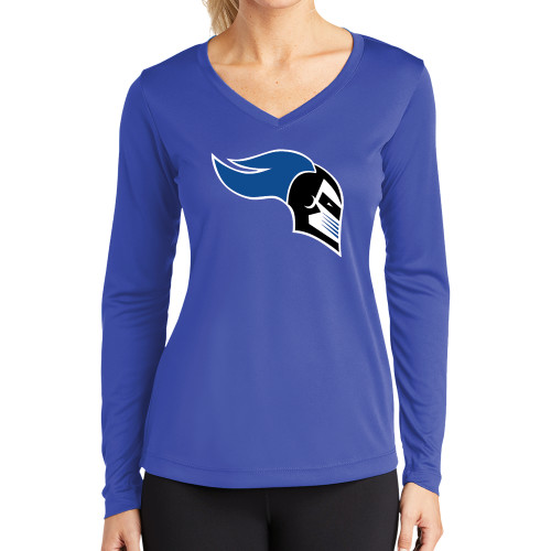  Womens Royal Performance Long Sleeve V Neck Shirt - Knight Head Logo