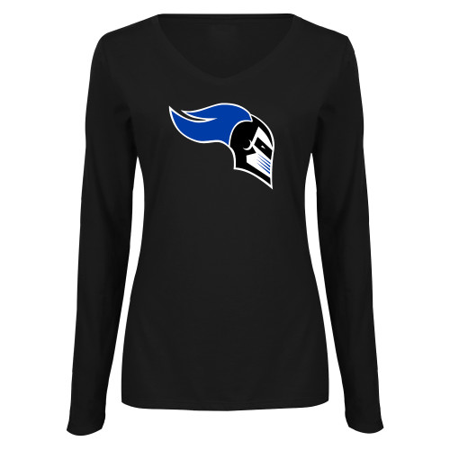  Womens Black Long Sleeve V Neck Tee  - Knight Head Logo