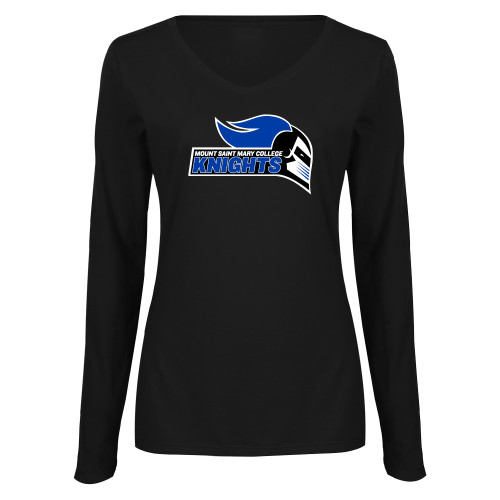  Womens Black Long Sleeve V Neck Tee  - Knight Head Logo with Type