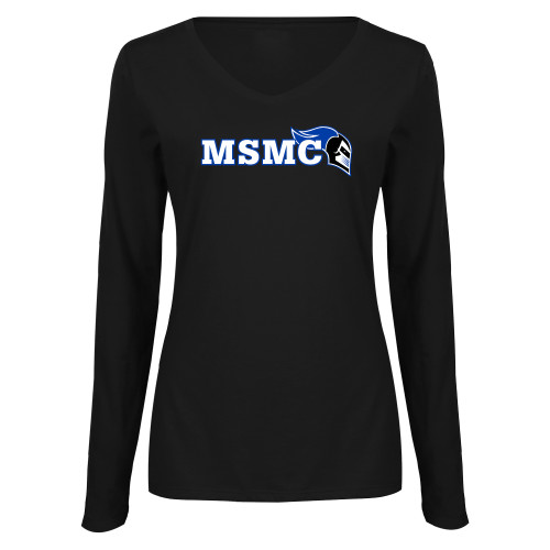  Womens Black Long Sleeve V Neck Tee  - MSMC Knight Head Logo
