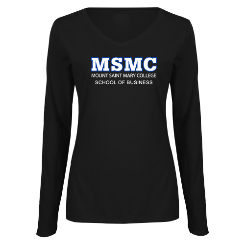  Womens Black Long Sleeve V Neck Tee  - MSMC Stacked School of Business