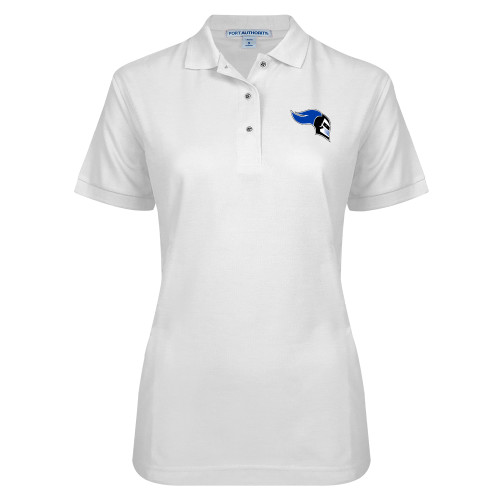  Womens Silk Touch White Pique Polo - Knight Head Logo Embroidery