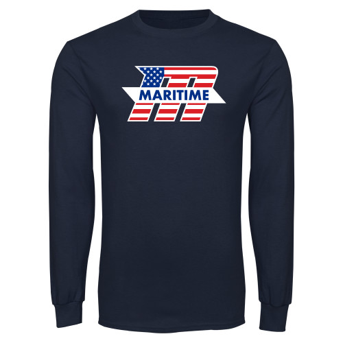  Navy Long Sleeve T-Shirt - M with American Flag
