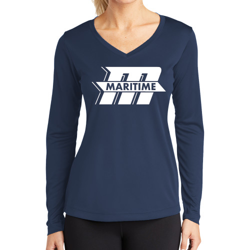  Womens Navy Performance Long Sleeve V Neck Shirt - Primary Mark