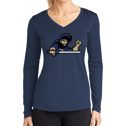  Womens Navy Performance Long Sleeve V Neck Shirt - Mascot