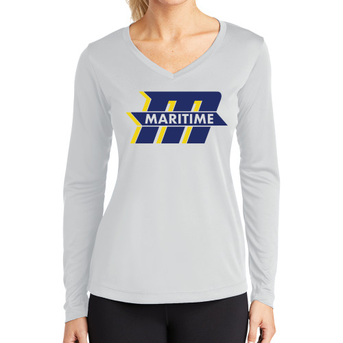  Womens White Performance Long Sleeve V Neck Shirt - Primary Mark
