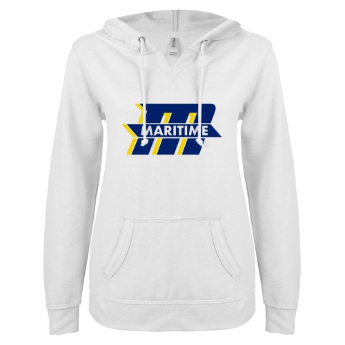  ENZA Womens White V Notch Raw Edge Fleece Hoodie - Primary Mark