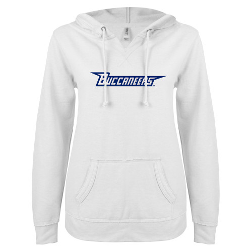  ENZA Womens White V Notch Raw Edge Fleece Hoodie - Wordmark