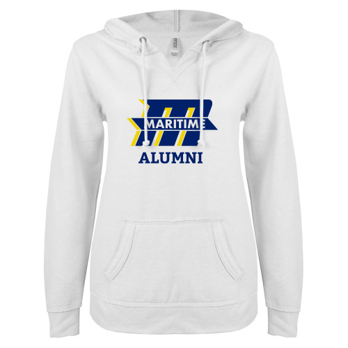  ENZA Womens White V Notch Raw Edge Fleece Hoodie - Alumni