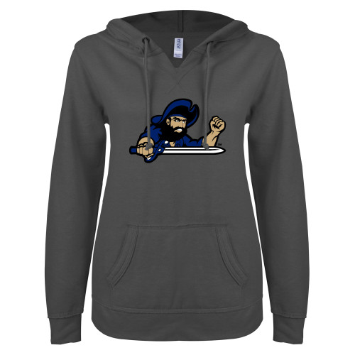  ENZA Womens Dark Heather V Notch Raw Edge Fleece Hoodie - Mascot