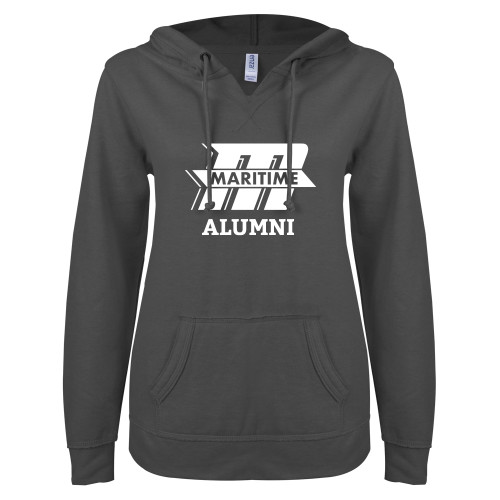  ENZA Womens Dark Heather V Notch Raw Edge Fleece Hoodie - Alumni