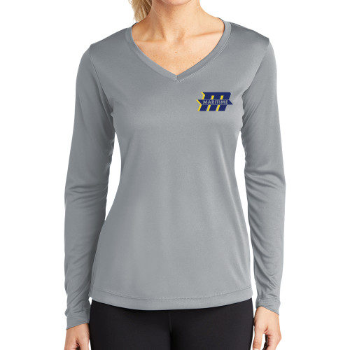  Womens Grey Performance Long Sleeve V Neck Shirt - Primary Mark