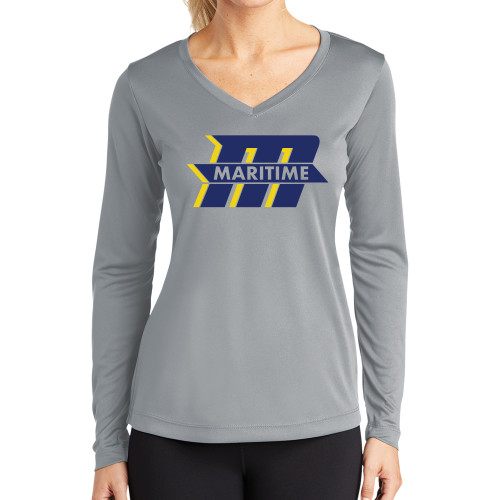  Womens Grey Performance Long Sleeve V Neck Shirt - Primary Mark