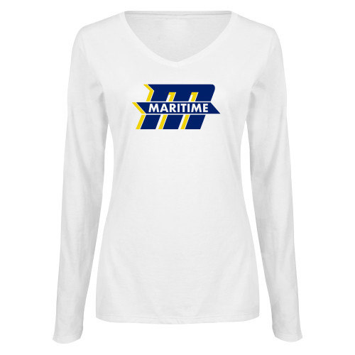  Womens White Long Sleeve V Neck Tee - Primary Mark