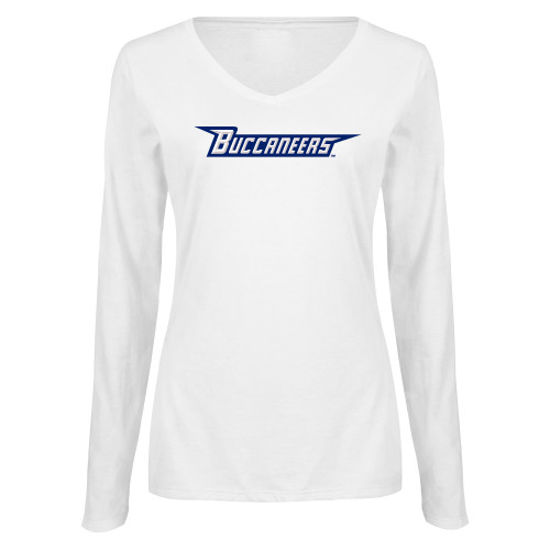  Womens White Long Sleeve V Neck Tee - Wordmark