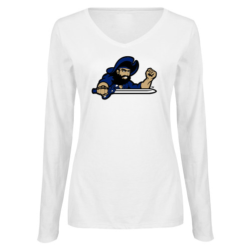  Womens White Long Sleeve V Neck Tee - Mascot
