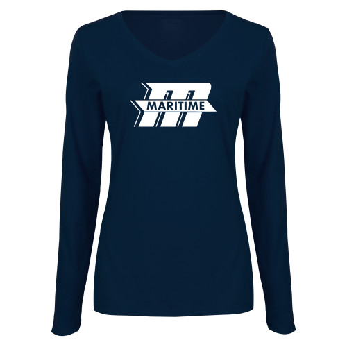  Womens Navy Long Sleeve V Neck Tee - Primary Mark