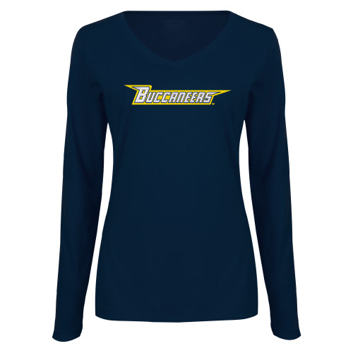  Womens Navy Long Sleeve V Neck Tee - Wordmark