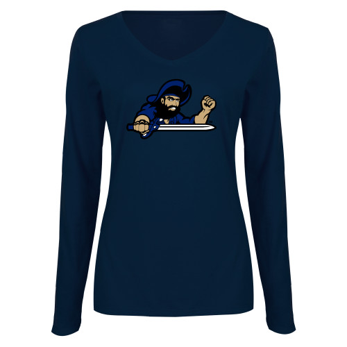  Womens Navy Long Sleeve V Neck Tee - Mascot
