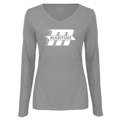  Womens Grey Long Sleeve V Neck Tee  - Primary Mark