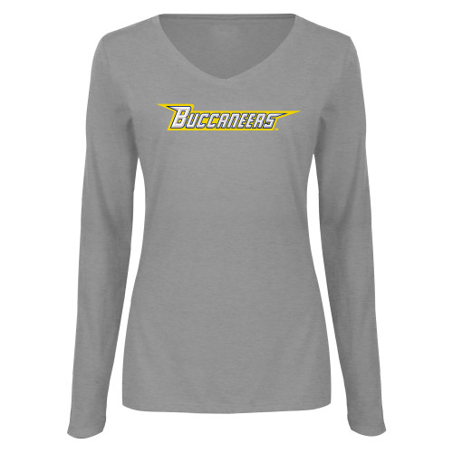  Womens Grey Long Sleeve V Neck Tee  - Wordmark