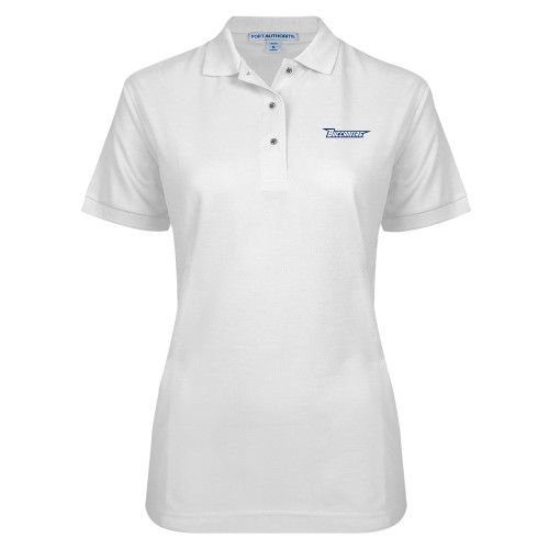  Womens Silk Touch White Pique Polo - Wordmark Embroidery
