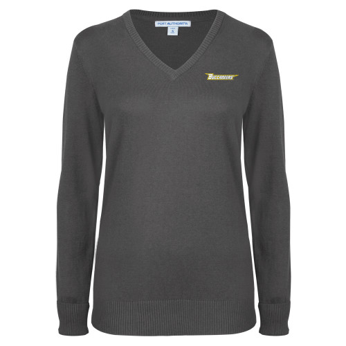  Womens Charcoal Heather VNeck Sweater - Wordmark Embroidery