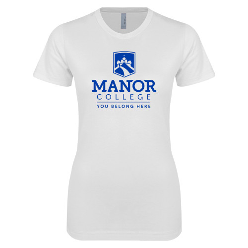  Next Level Womens White Boyfriend Tee - Manor College Logo