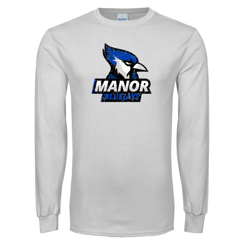  White Long Sleeve T Shirt - Distressed Logo