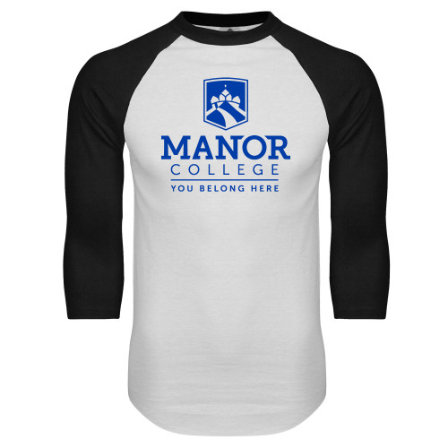  White/Black Raglan Baseball T Shirt - Manor College Logo