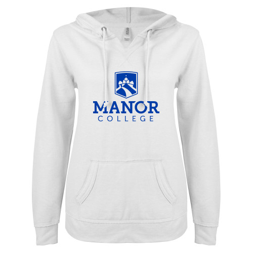  ENZA Womens White V Notch Raw Edge Fleece Hoodie - Secondary Logo