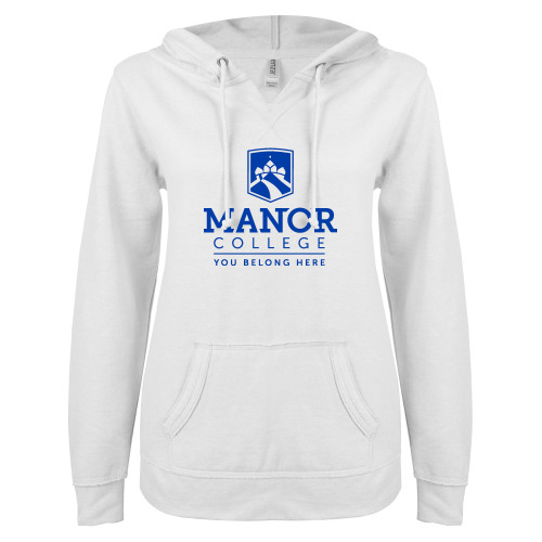  ENZA Womens White V Notch Raw Edge Fleece Hoodie - Manor College Logo