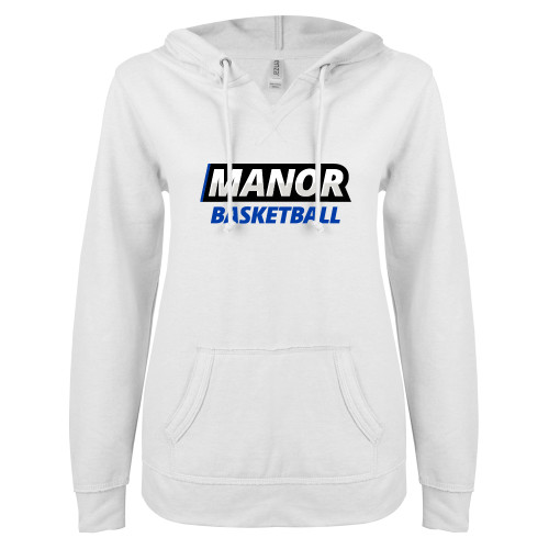  ENZA Womens White V Notch Raw Edge Fleece Hoodie - Manor Basketball