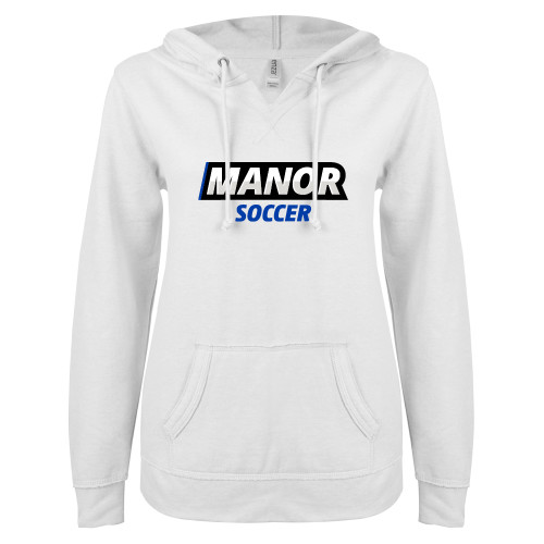  ENZA Womens White V Notch Raw Edge Fleece Hoodie - Manor Soccer
