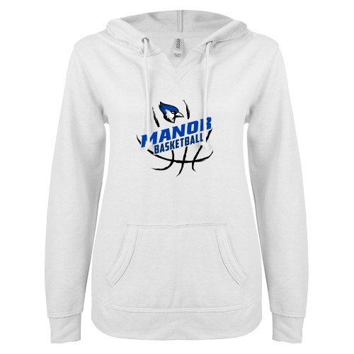  ENZA Womens White V Notch Raw Edge Fleece Hoodie - Basketball Design