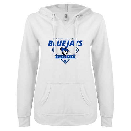  ENZA Womens White V Notch Raw Edge Fleece Hoodie - Baseball Design