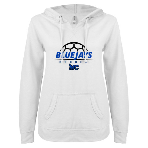  ENZA Womens White V Notch Raw Edge Fleece Hoodie - Soccer Design