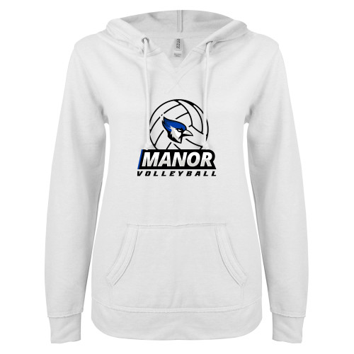  ENZA Womens White V Notch Raw Edge Fleece Hoodie - Volleyball Design