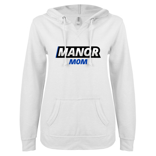 ENZA Womens White V Notch Raw Edge Fleece Hoodie - Manor Mom