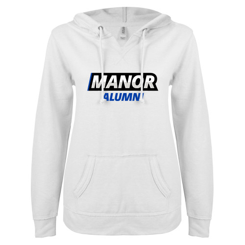  ENZA Womens White V Notch Raw Edge Fleece Hoodie - Manor Alumni