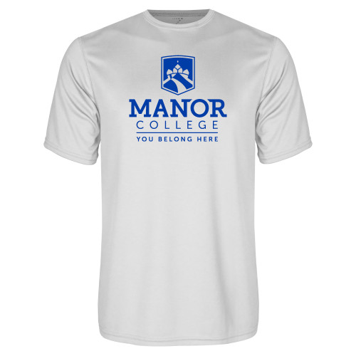  White Performance Tee - Manor College Logo