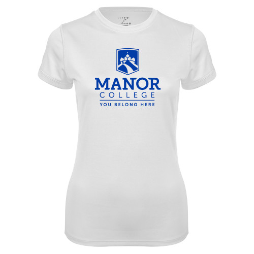  Womens White Performance Tee - Manor College Logo