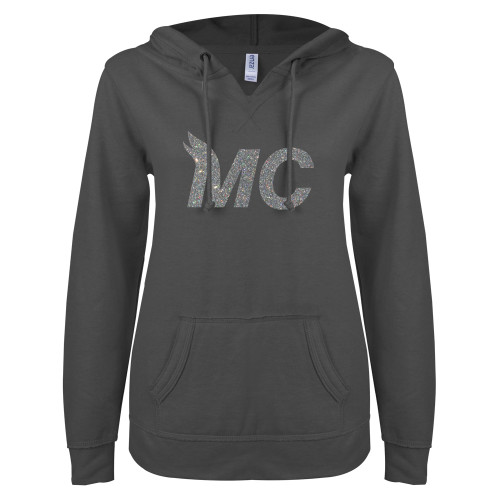  ENZA Womens Dark Heather V Notch Raw Edge Fleece Hoodie - Glitter MC White Silver Soft Glitter