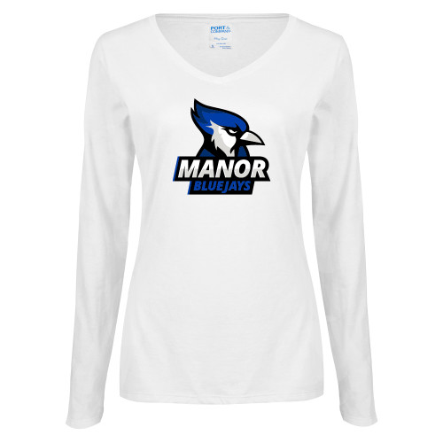  Womens White Long Sleeve V Neck Tee - Primary Mark